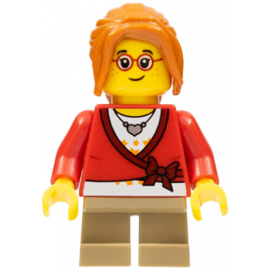 child - girl sweater cropped with bow heart necklace dark tan short legs dark orange ponytail long with side bangs glasses freckles