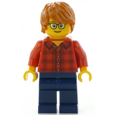red plaid flannel shirt dark blue legs dark orange hair glasses