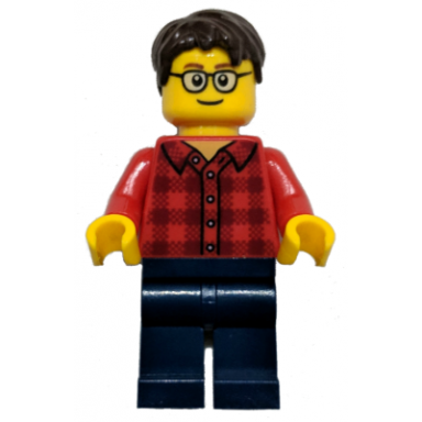 red plaid flannel shirt dark blue legs dark brown hair glasses