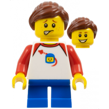 girl - shirt with red collar spaceship orbiting classic space helmet blue short legs ponytail and swept sideways fringe freckles