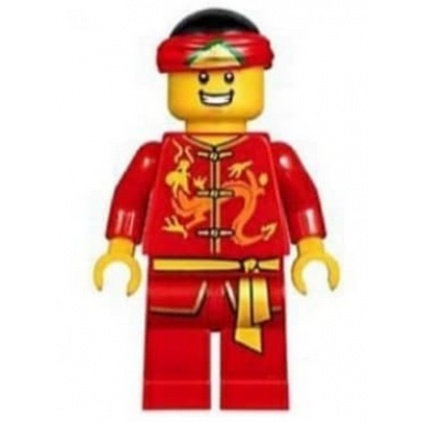 dragon dance performer tied red bandana open mouth smile with teeth