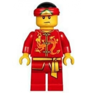 dragon dance performer tied red bandana angry eyebrows and scowl