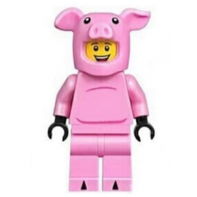 dragon dance performer pig costume no tail open mouth smile with white teeth and red tongue