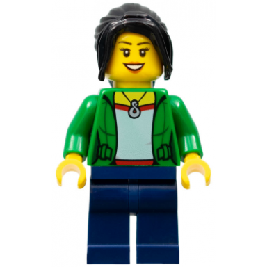 dragon boat race spectator - female green jacket open with necklace dark blue legs black ponytail long with side bangs