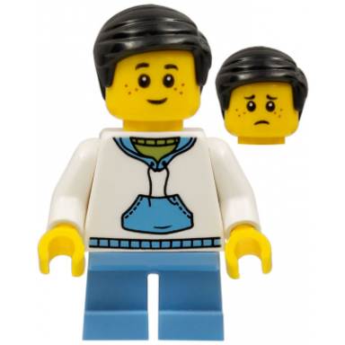 child - boy white hoodie with medium blue pocket medium blue short legs black hair freckles