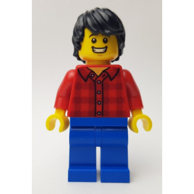 dragon boat race spectator - male red plaid flannel shirt blue legs black tousled hair