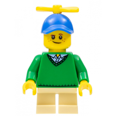 boy - freckles green sweater tan short legs blue cap with tiny yellow propeller