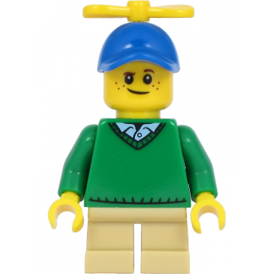 boy - freckles green sweater v-neck over button down shirt collar with 1 button tan short legs blue cap with tiny yellow propeller
