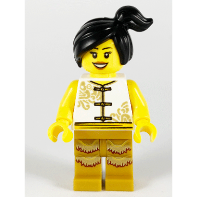 woman lion dance white shirt gold legs with fringe