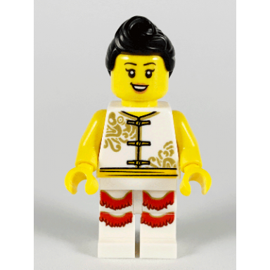 woman lion dance white shirt white legs with red fringe
