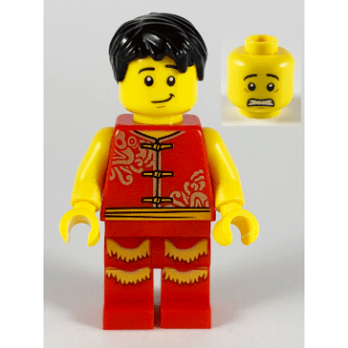 man lion dance red shirt red legs with gold fringe