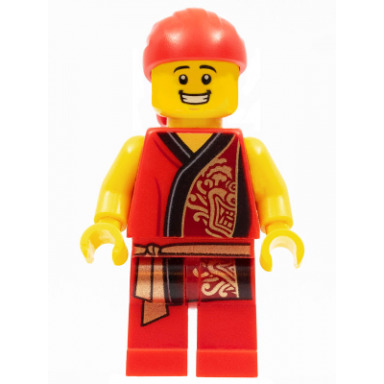 lion dance musician red head wrap smile red robe with gold dragon