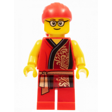 lion dance musician red head wrap glasses red robe with gold dragon