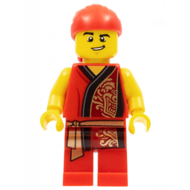 lion dance musician red head wrap lopsided grin raised eyebrow red robe with gold dragon