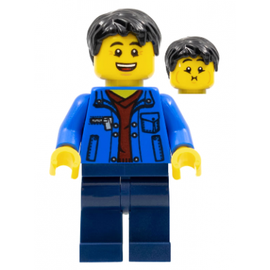 man black hair blue jacket dark red shirt dark blue legs