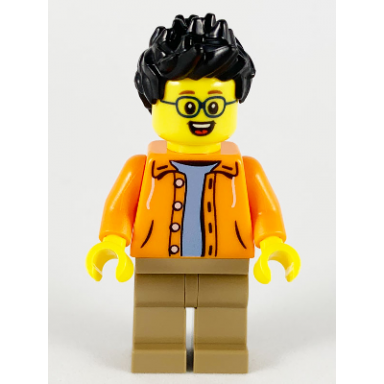 man black spiky hair glasses orange jacket sand blue shirt dark tan legs
