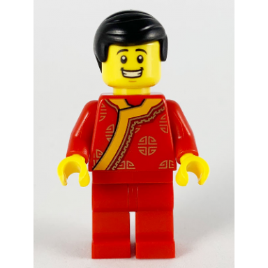 toy vendor black hair red changshan with bright light orange wide hem gold circles pattern