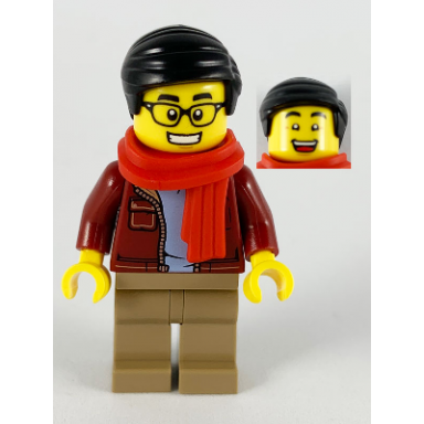 man dark red jacket with bright light blue shirt dark tan legs red scarf black smooth hair glasses