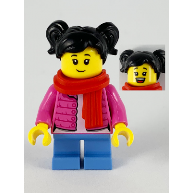 child - girl dark pink puffy jacket medium blue short legs black hair with pigtails red scarf