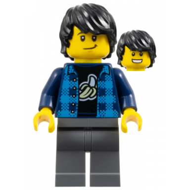 man black hair dark azure plaid vest dark blue banana shirt dark bluish gray legs