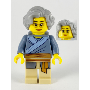 porcelain vendor female light bluish gray hair glasses sand blue tunic medium nougat sash tan legs