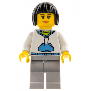 woman black hair white hoodie with medium blue pocket light bluish gray legs