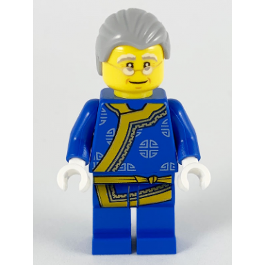 shadow puppeteer light bluish gray hair glasses blue changshan with yellow hem and sash silver circles pattern