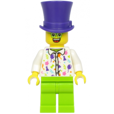birthday party guest dark purple top hat green glasses white shirt lime legs