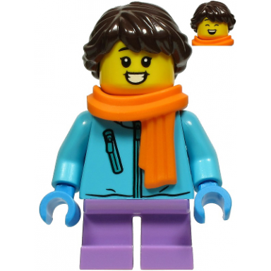 girl - medium azure winter jacket medium lavender short legs dark brown hair orange scarf