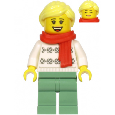 woman white turtleneck sweater sand green legs bright light yellow hair red scarf