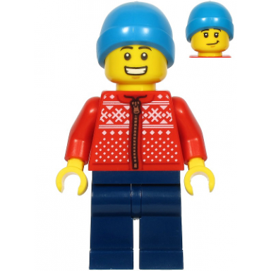 man red winter jacket dark blue legs dark azure beanie