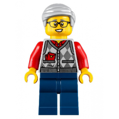 grandfather argyle cardigan over red shirt dark blue legs light bluish gray hair
