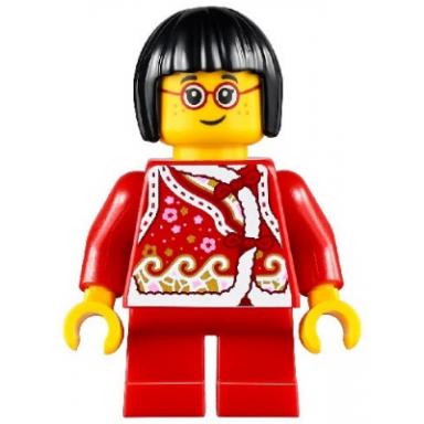 child - girl red shirt with bows and flowers red short legs black short hair glasses freckles