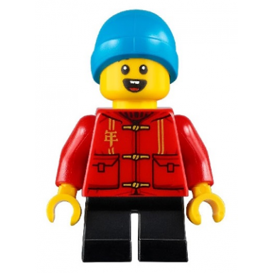 child - boy red tang jacket with hood black short legs dark azure beanie