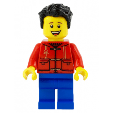 father red tang jacket with hood blue legs black tousled hair