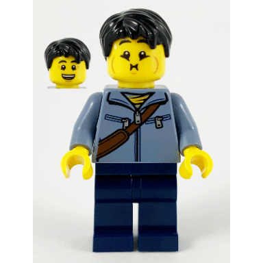 man sand blue jacket and reddish brown satchel dark blue legs black hair