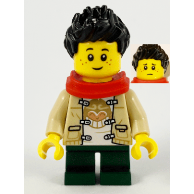 child - boy tan tang jacket dark green short legs black spiked hair freckles red scarf