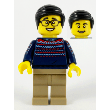 man dark blue sweater dark tan legs black hair glasses