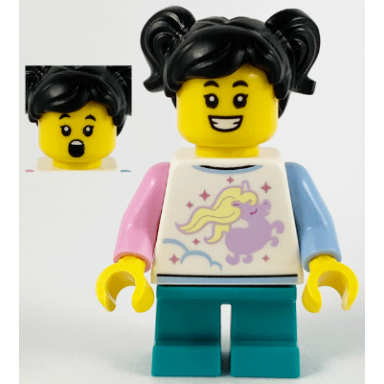 child - girl white shirt with unicorn dark turquoise short legs black hair with pigtails