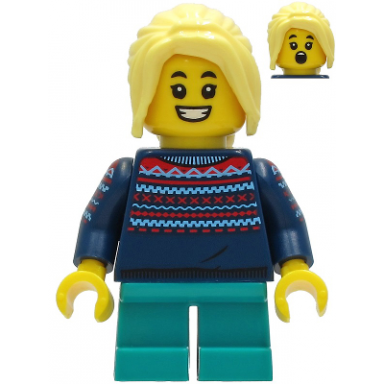 girl - dark blue knit sweater dark turquoise short legs bright light yellow hair