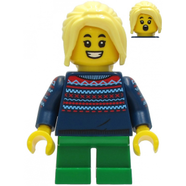 girl - dark blue knit sweater green short legs bright light yellow hair