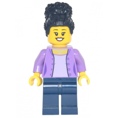 mom - medium lavender jacket dark blue legs black coiled hair
