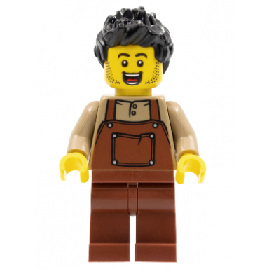 man black spiky hair dark tan shirt reddish brown overalls and legs