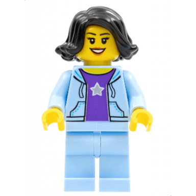 woman black hair bright light blue jacket dark purple star shirt bright light blue legs