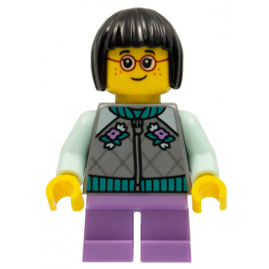 child - girl flat silver jacket medium lavender short legs black short hair glasses freckles