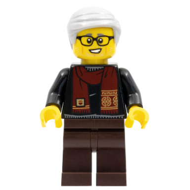 grandfather black shirt with dark red scarf dark brown legs light bluish gray hair