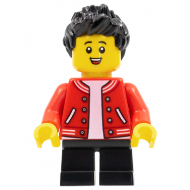child - boy red letterman jacket black short legs black spiked hair