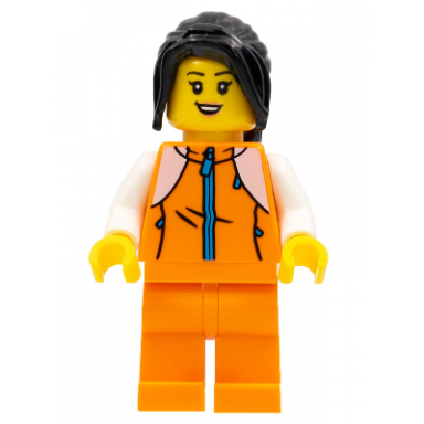 woman orange tracksuit long black hair
