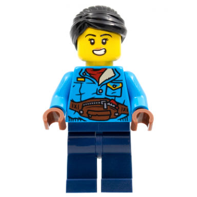 woman black hair dark azure jacket dark blue legs
