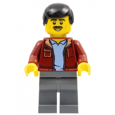 man dark red jacket with bright light blue shirt dark bluish gray legs black male hair moustache